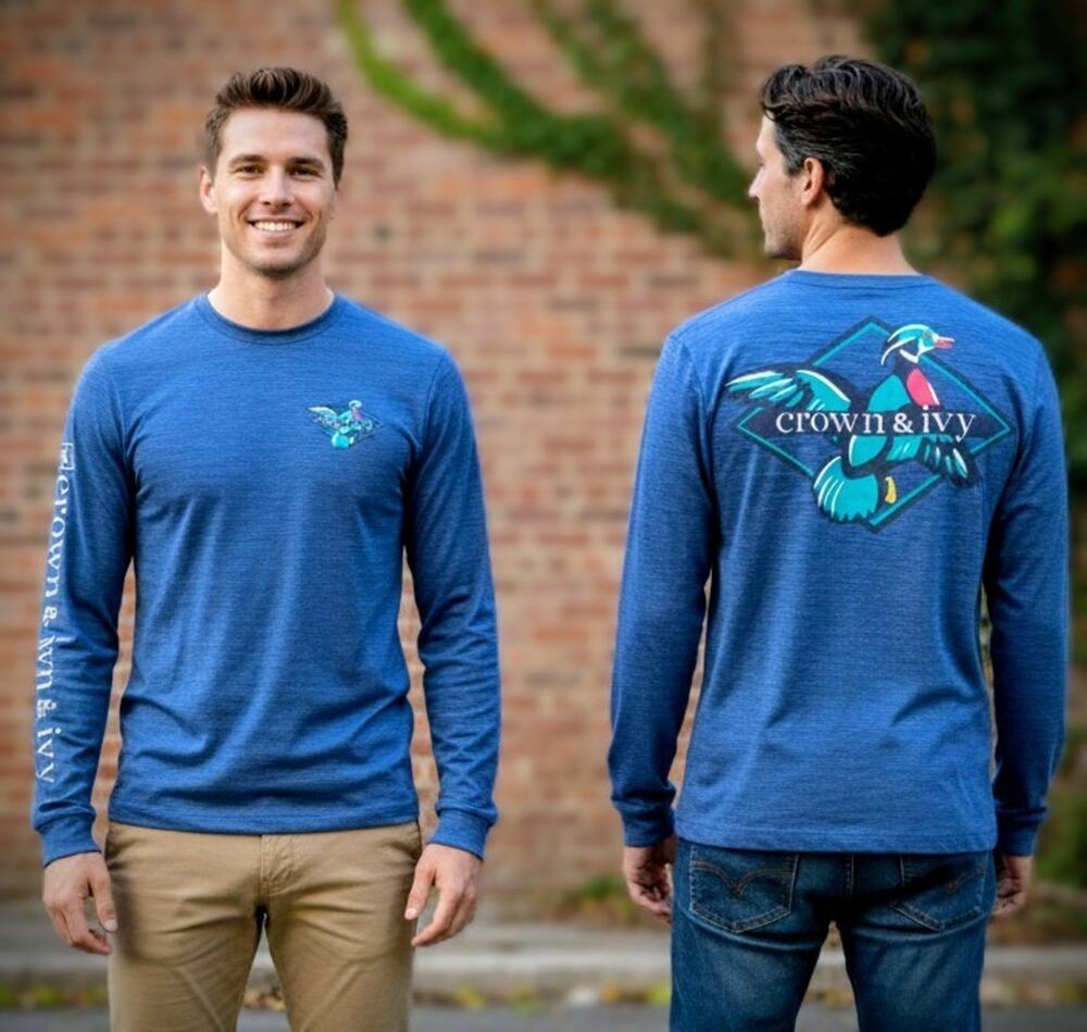 Crown & Ivy Men's Long Sleeve Blue Performance Shirt Wood Duck Graphic Sz Small